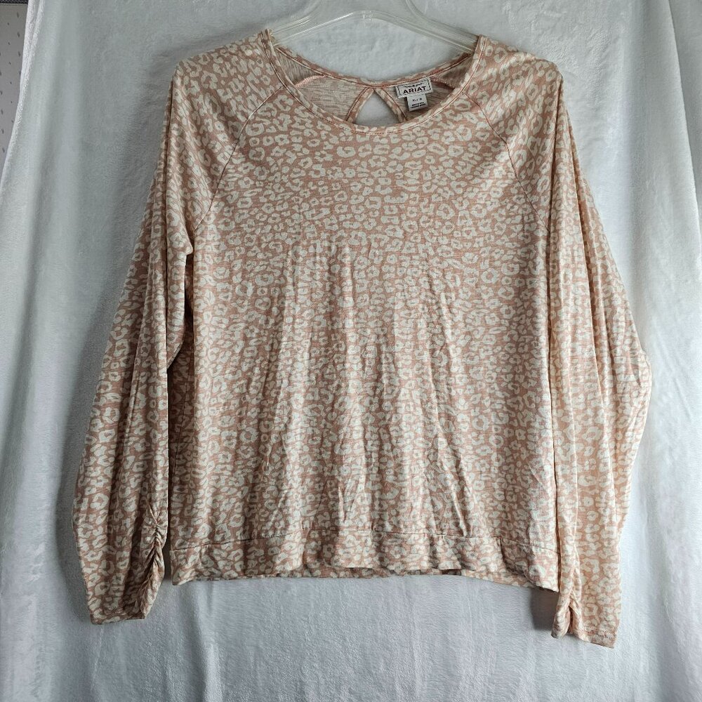 Ariat Women Riot Top Leopard Print Open Back Long Sleeve Pullover XL Pink White